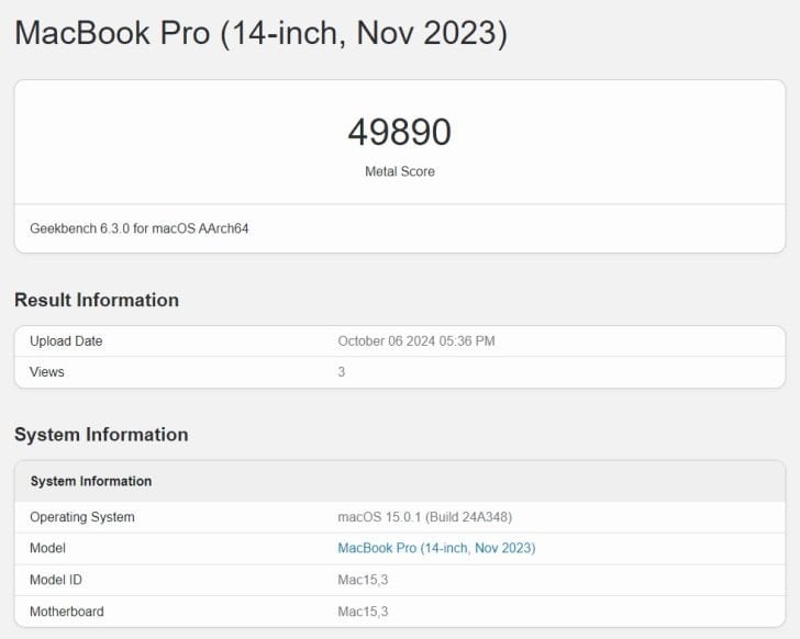 امتیاز GPU مک بوک پرو M3